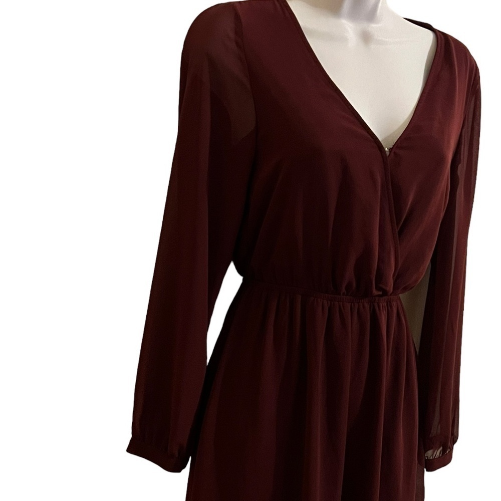 Express - Wine Colored Fit and Flare Dress with Sheer Sleeves - Picture 2 of 5
